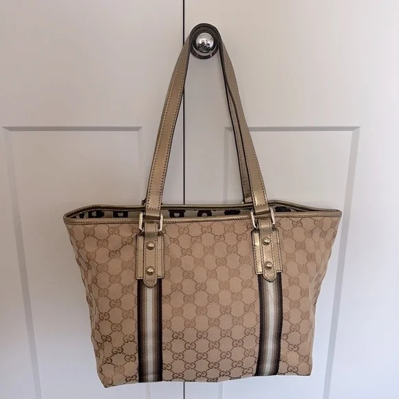 EUC [Gucci] Authenticated Monogram Canvas Jolicoeur Tote Handbag Beige w/ Gold - Picture 5 of 16